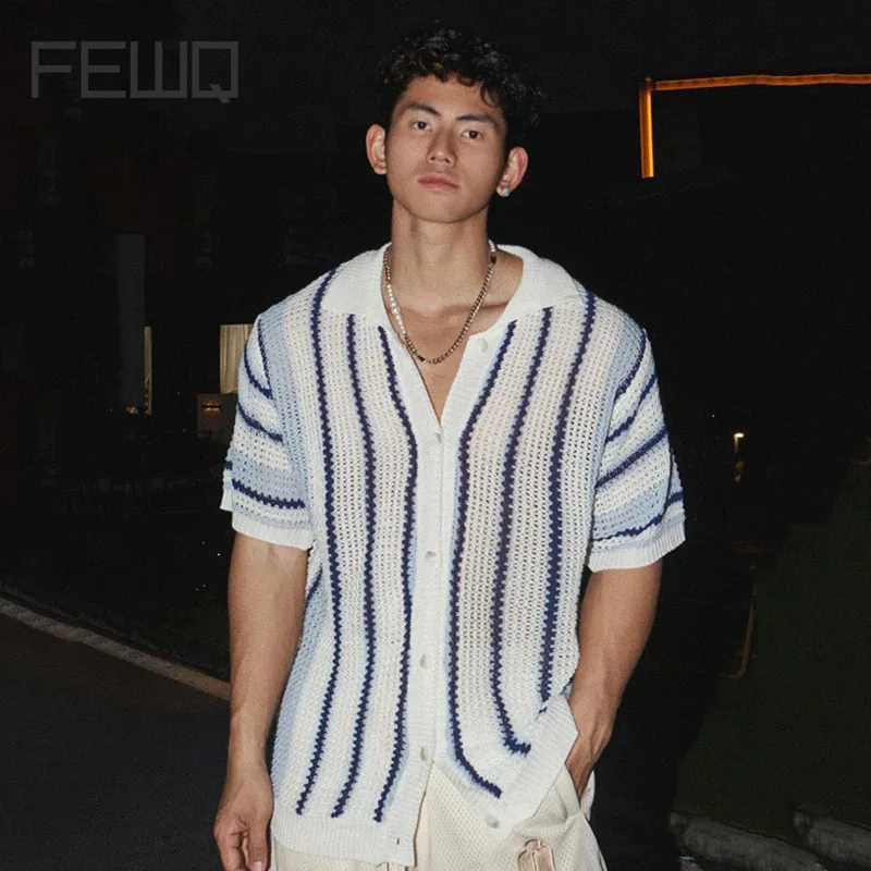 

FEWQ American Striped Loose Short Sleeved Knitted Shirt Summer Niche 2024 Contrast Color Single Breast Male Tops 24E1857