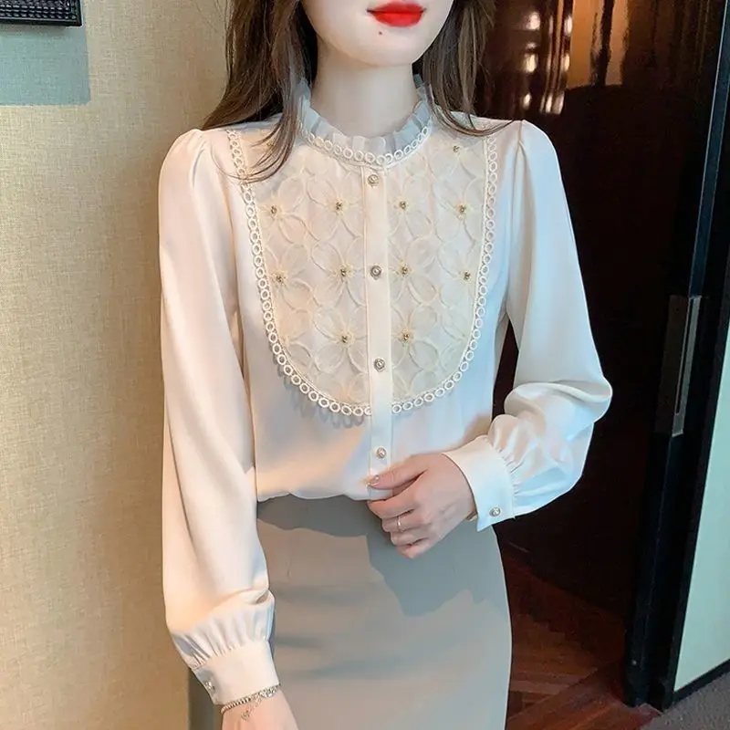 Embroidered Stand Up Collar Chiffon Shirt for Women in Autumn 2024 New French Style Age Reducing Versatile Long Sleeved Top