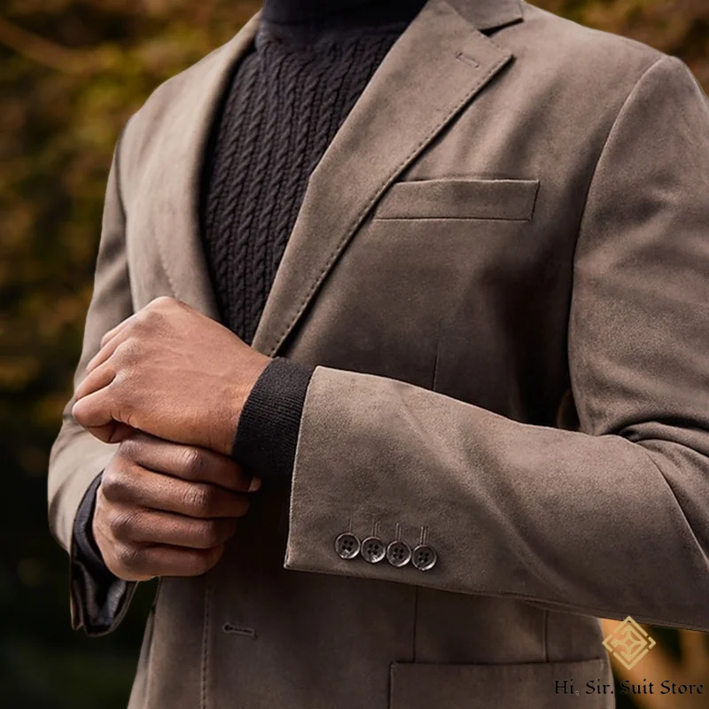 ملابس خارجية للرجال لخريف/شتاء من جلد الغزال المخملي غير رسمية بقصة ضيقة وطية صدر مدببة سترة واحدة الصدر مصممة بدلة رجالية على الطراز الأوروبي #4