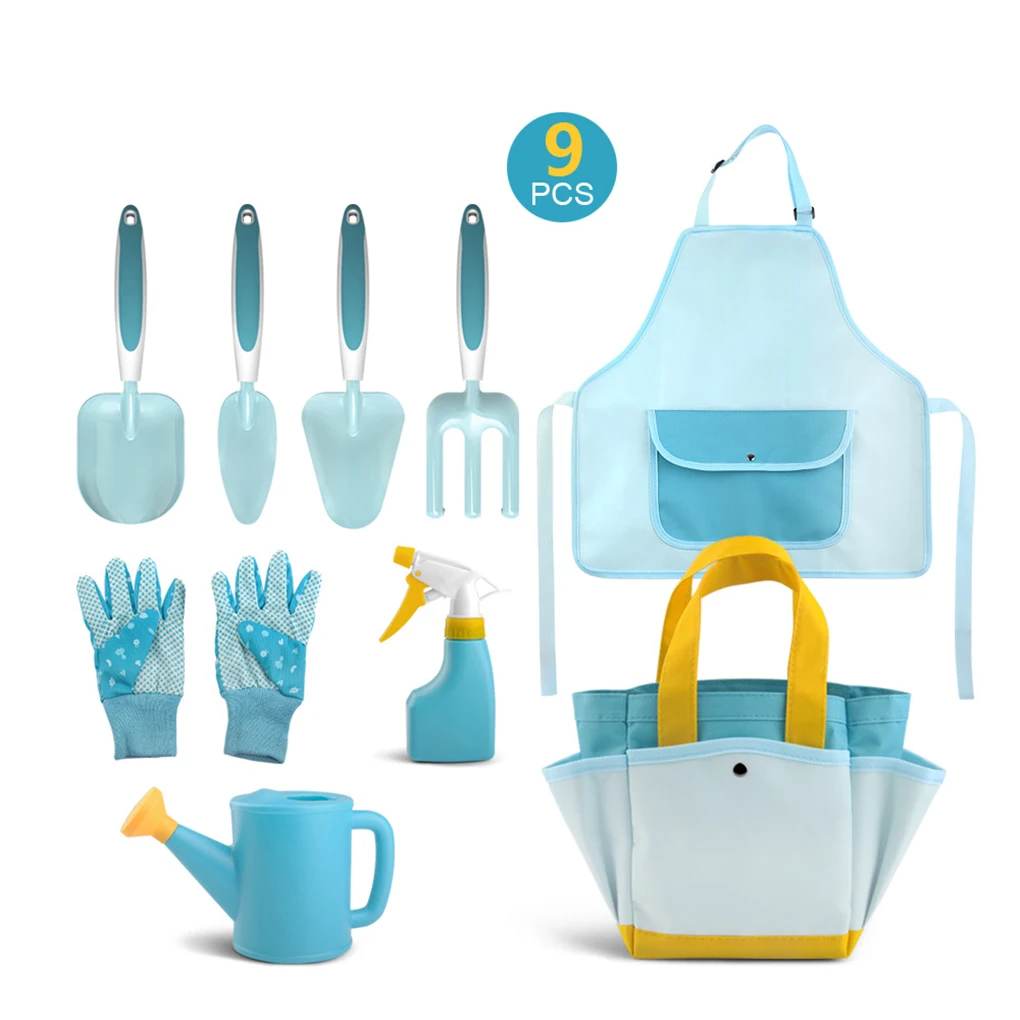 9PCS/Set Portable Gardening Tools Kit Outdoor Fun All-in-one Garden Kids Toy Set With Shovel,Rake Watering Can Protective Apron