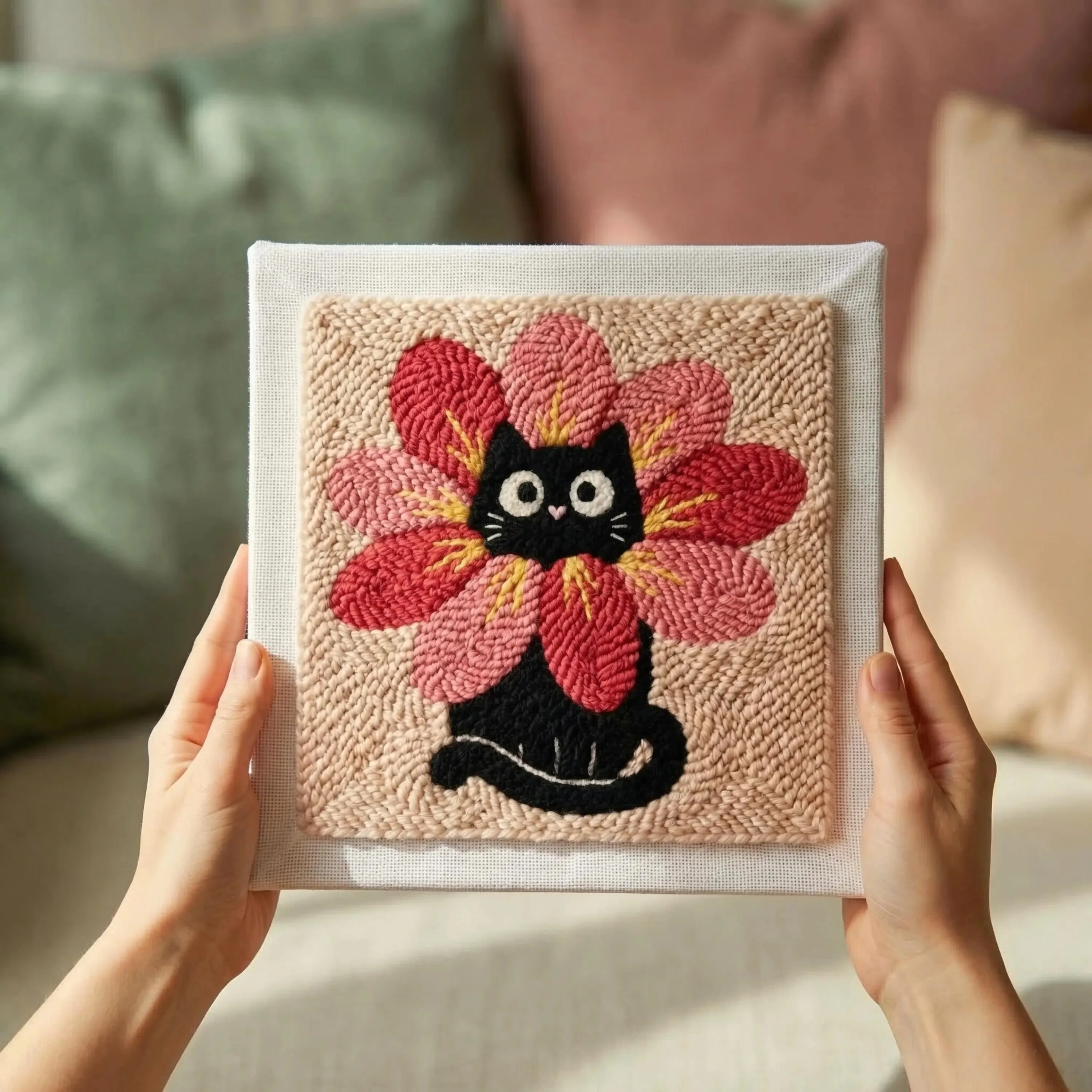 

Embroidery Punch Needle Kit Cat Flower Beginner Wool Poke Embroidery Set Cross Stitch Needlepoint Kit Home Decor Easy Craft Kit