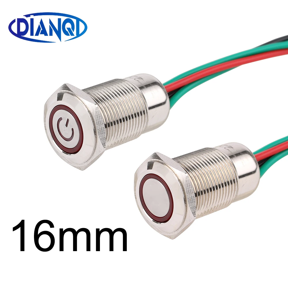 16MM metal Push Button Switch With Wires Switch Momentary Reset Latching fixed locking 220V 12V Glue injection Waterproof