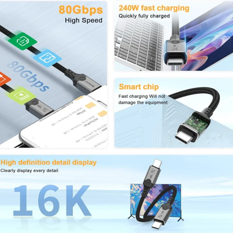 USB C Monitor Data Cable 16K@60Hz,Support 80Gbps Data Transfer,PD 240W Fast Charging Compatible with CarPlay,Steam Deck,Switch,