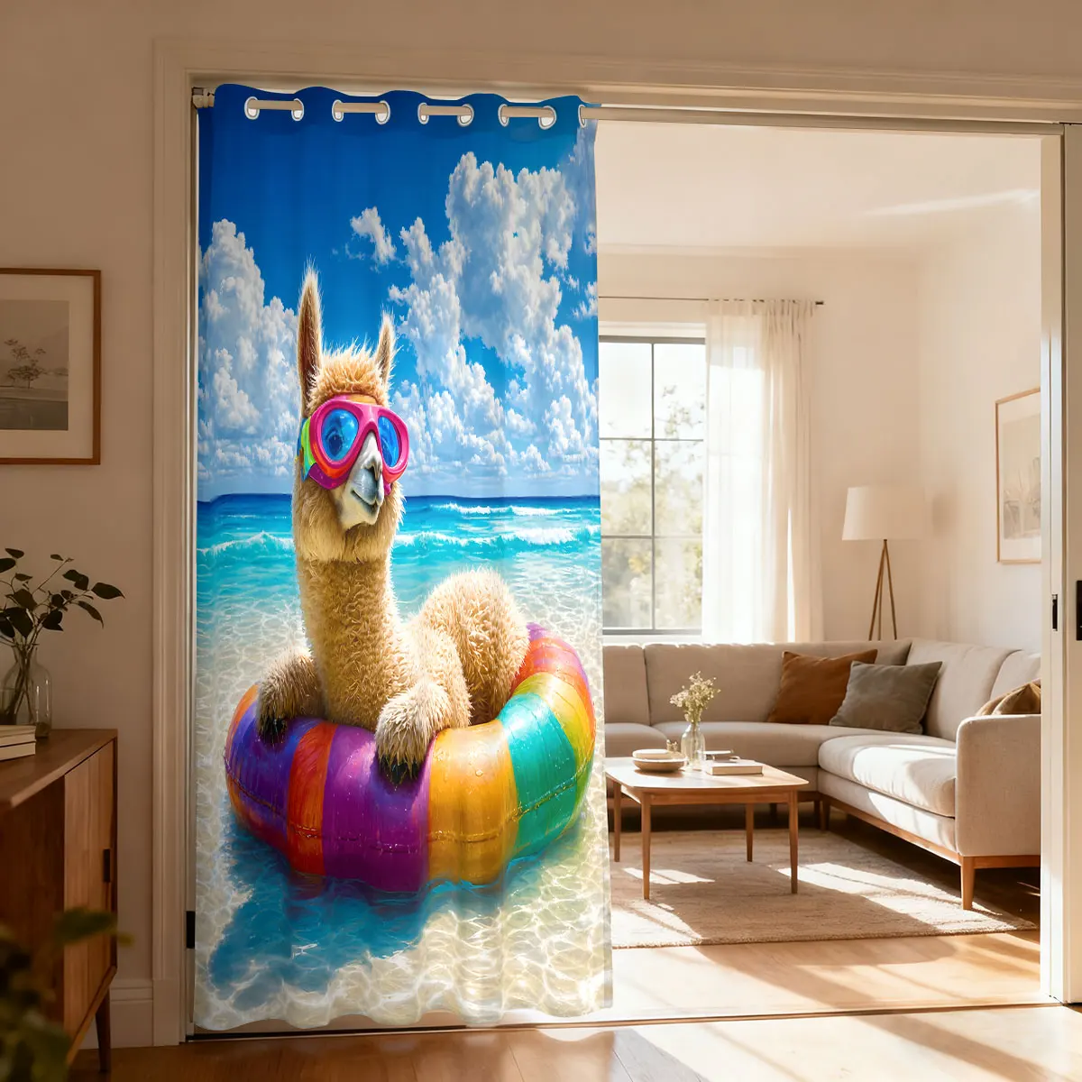 Alpaca With Swimming Goggles Rainbow Swim Ring Single Panel Loop Top Curtain 1PC, Hanging Door Curtain For Living Room Bedroo