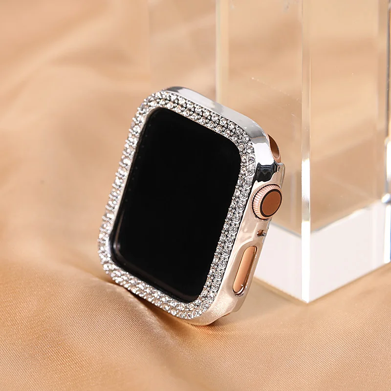 Luxury Double Bling Crystal Case For Apple Watch 45mm 41 40 44 42 Rhinestone PC Bumper Protector For iWatch For Series 9 8 7 6 5