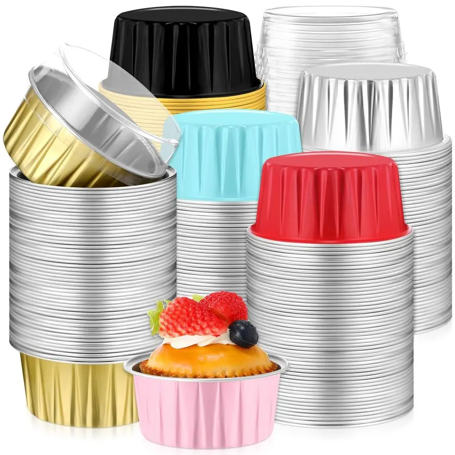

300 Pack Aluminum Foil Cup with Lid Baking Cake Pan 5oz Disposable Ramekin Cupcake Liners Dessert Cups Mini Muffin Liner Cake Co
