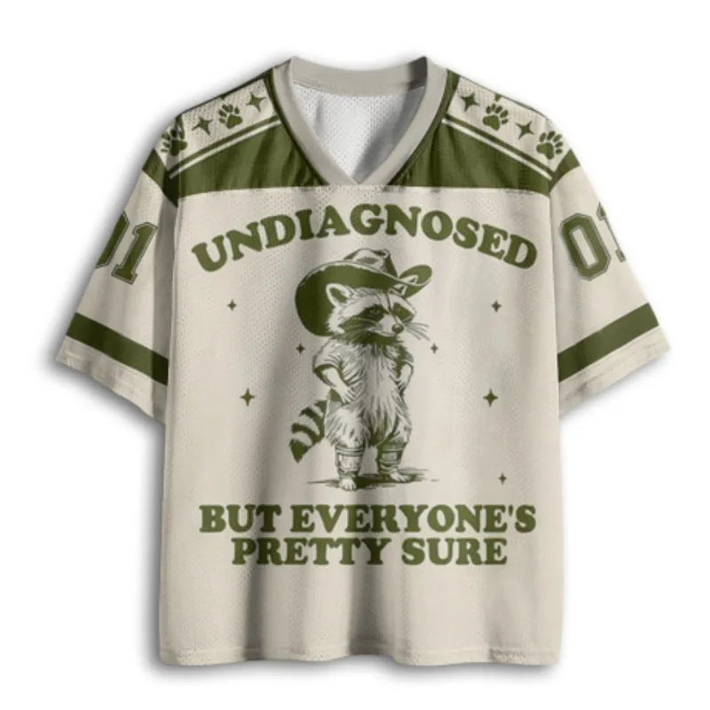 Vintage Cowboy Raccoon Funny Mental Health Slogan Print Green Cream Color Block Mesh V Neck Loose Football Jersey T-shirt ﻿