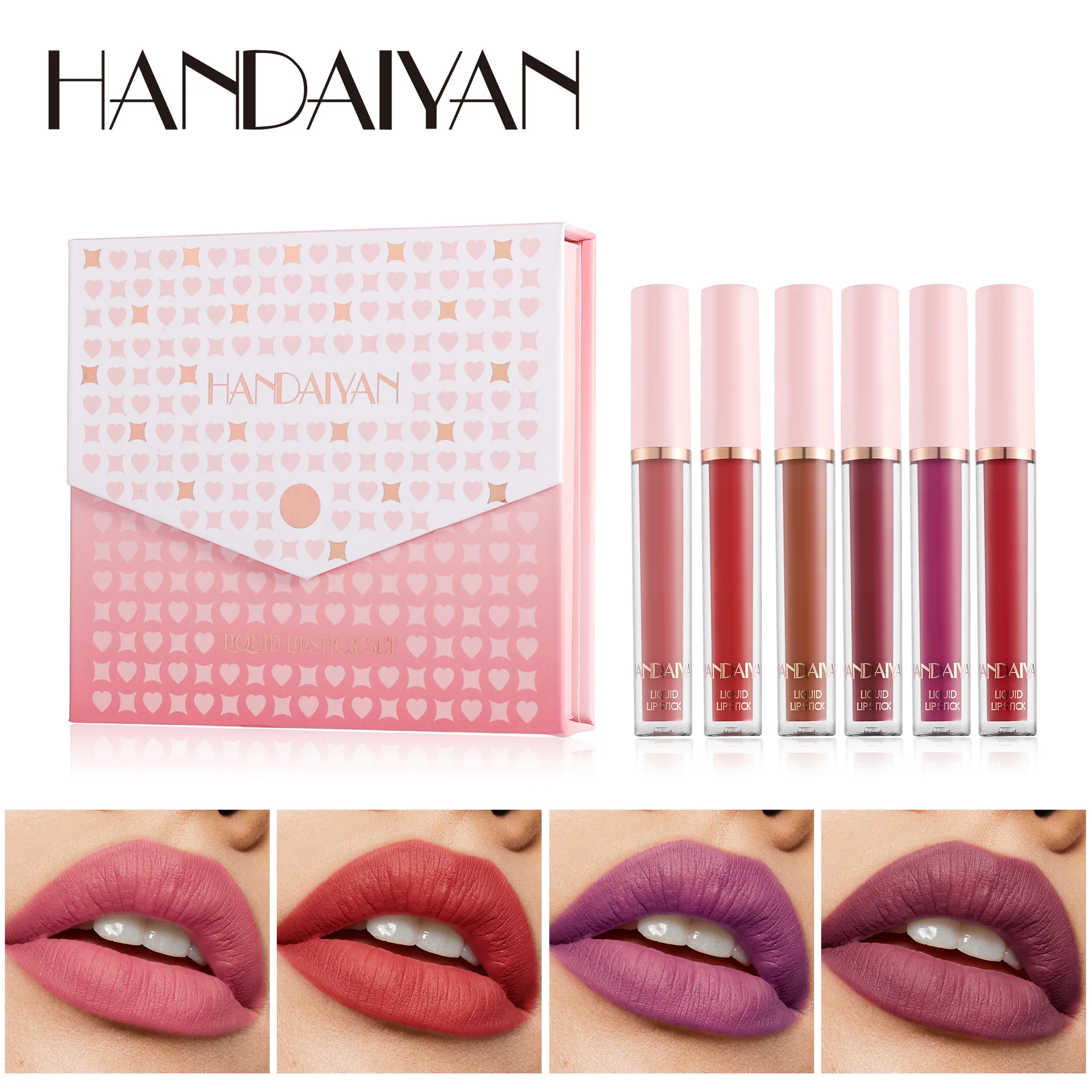 HANDAIYAN-Conjunto líquido de brilho labial fosco, 6 cores, natural, duradouro, impermeável, copo antiaderente, sem desbotamento, esmalte labial, batom