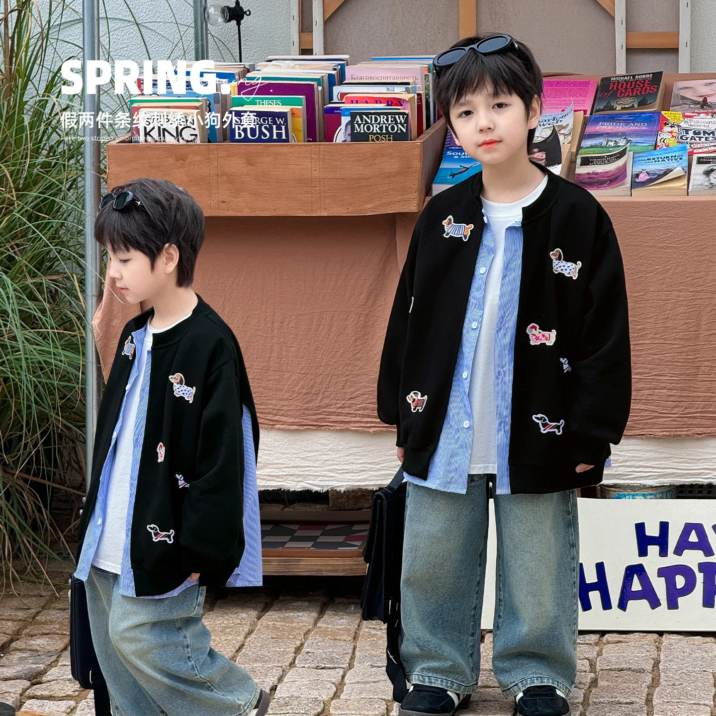 

Tong cool 2025 boys spring Huzhou weaving children's clothing cartoon dog embroidery fake two shirts children's coat tide