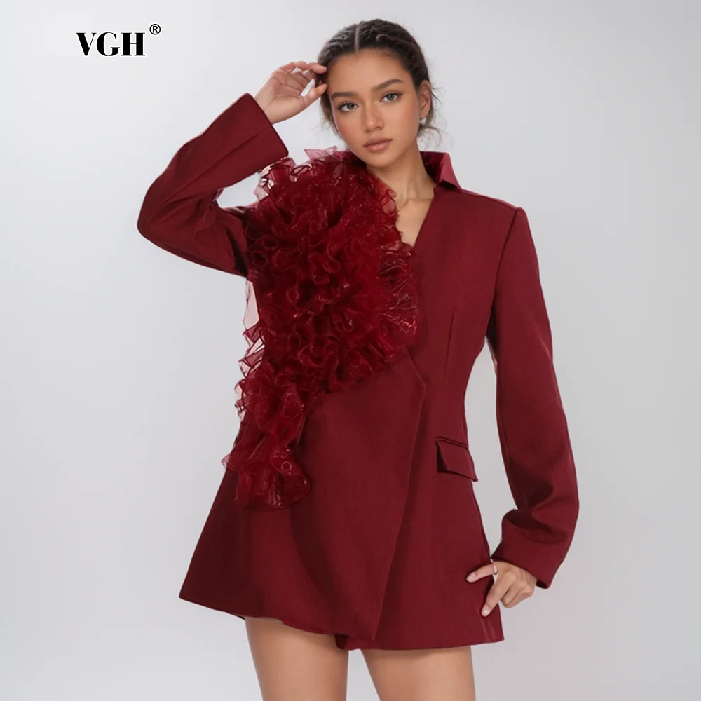 VGH Temperament Patchwork Mesh Flowers Blazers For Women V Neck Long Sleeve Elegant Tunic Chic Coats Female Fashion Style New