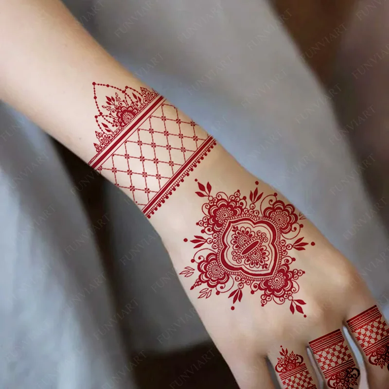 Maroon Henna Stickers for Hands Waterproof Temporary Henna Tattoos for Women Fake Tattoo Brown Henna Decorations Wedding