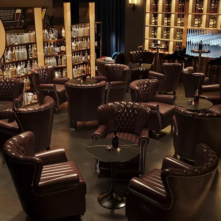 Light luxury European whiskey bar sofa, retro bar, clear bar, music dining bar, booth seats, café table and chair set