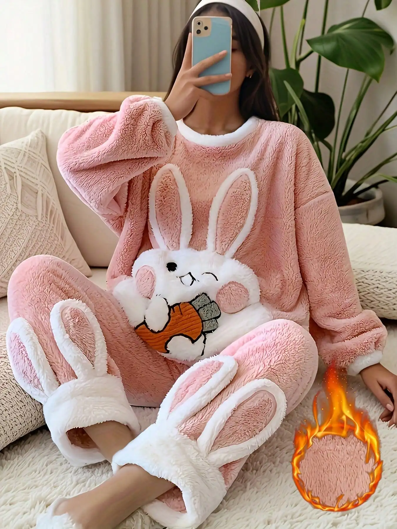 

Розовый плюшевый пижамный комплект с кроличьими ушками и мотивом моркови, уютная домашняя одежда для зимы