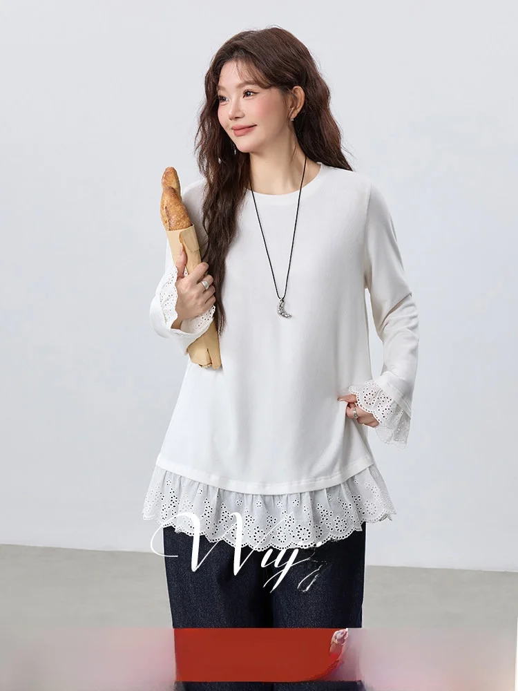 

Slimming Effect Base Shirt Women's Casual Splice Inner Wear Long Sleeve round Neck Mid-Length Loose Fit Polyester Blend