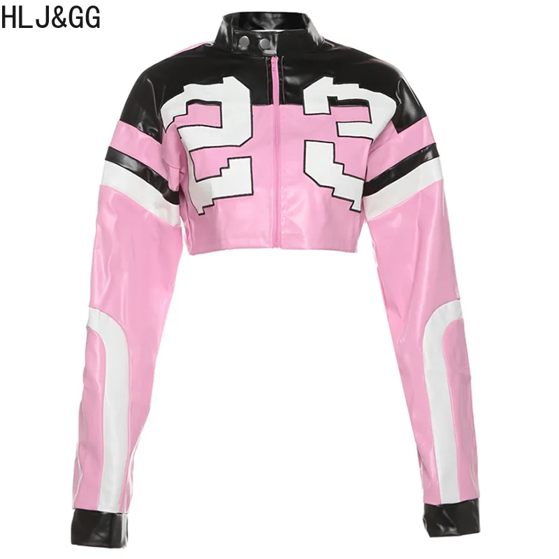 HLJ&GG Fashion Y2K Leather Jacket 3 Piece Sets Women Letter Print Zipper Long Sleeve Crop Top+Bodysuits+Shorts Outfit Streetwear