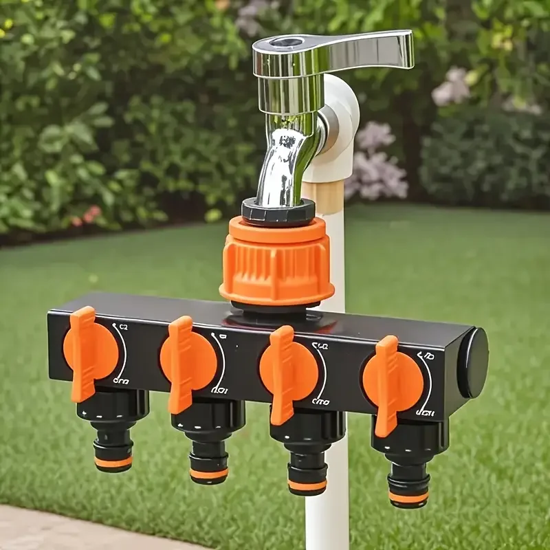 

4-way garden hose splitter with 4 independent switches-faucet connector for outdoor watering system, leak-proof design