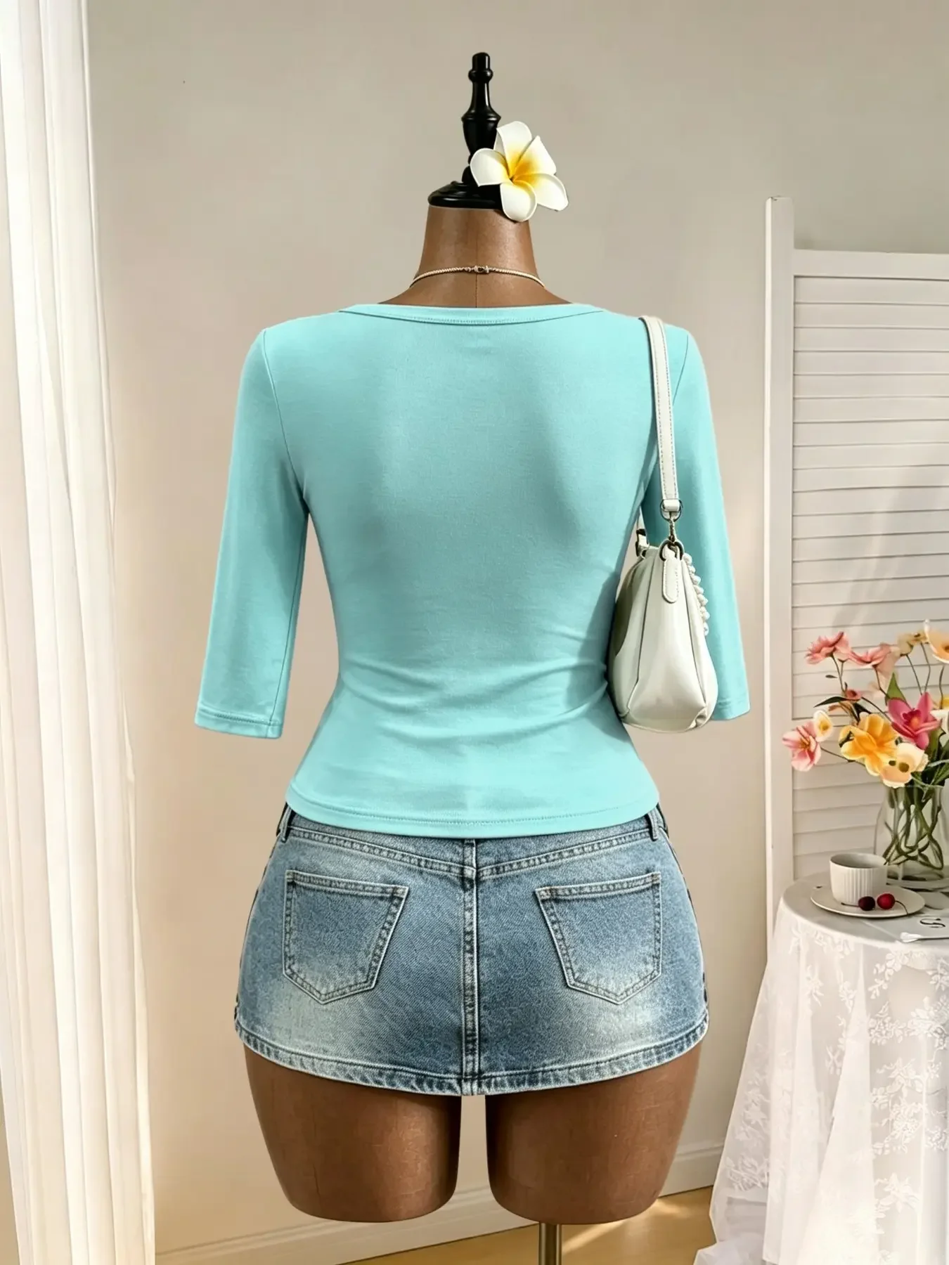 Women Deep V Neck Wrap Cross Front 3/4 Sleeve Slim Fit Cropped Blouse Solid Fitted Casual Daily Going‑out Tops