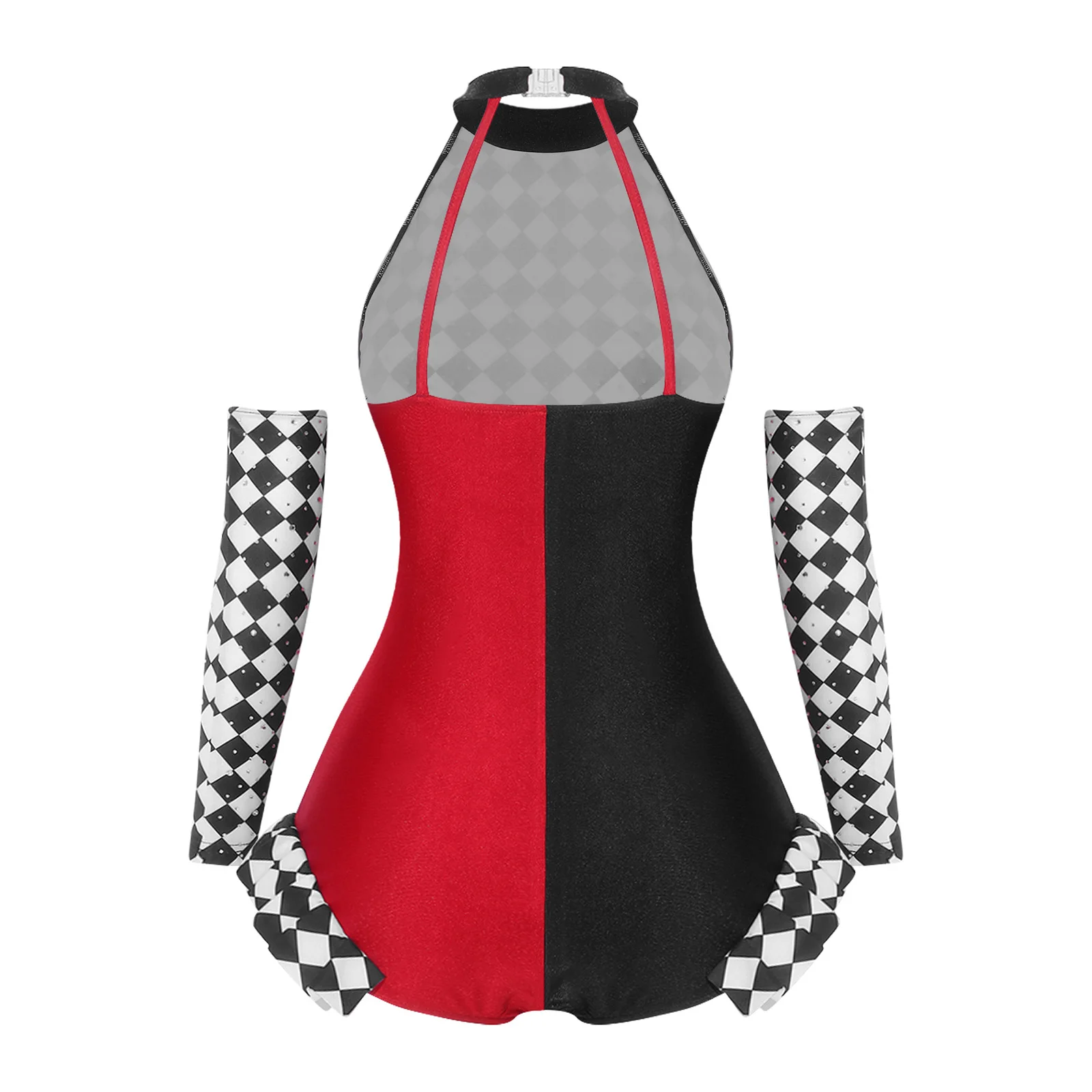 Womens Clown Cosplay Costume Halter Backless Ruffled Leotard with Rhinestone Checkerboard Gloves for Halloween Carnival Outfits