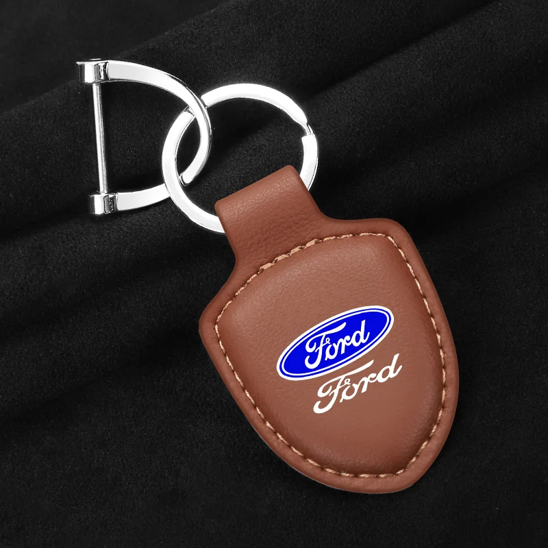 3D Metal Car Logo Keychain Vintage Leather Keyrings Accessory For Ford Fiesta C-Max Kuga Ranger Raptor KA Fusion ST Transit Edge