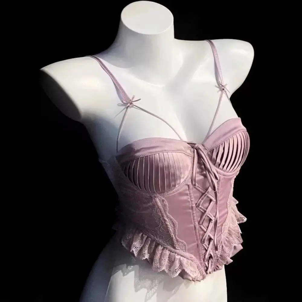 Jednokolorowa koronkowa kamizelka w stylu francuskim Top Spaghetti pasek Dopasowany satynowy gorset Top Canisole Kamizelka zmarszczkowa typu fishbone Codziennie