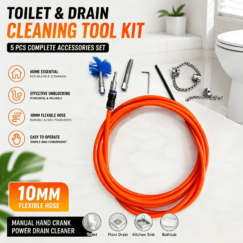 10mm Red Hose Hand Crank Drain Auger, 5-Piece Pipe Unblocker Kit for Toilet, Kitchen Sink, Floor Drain Clog Remover
