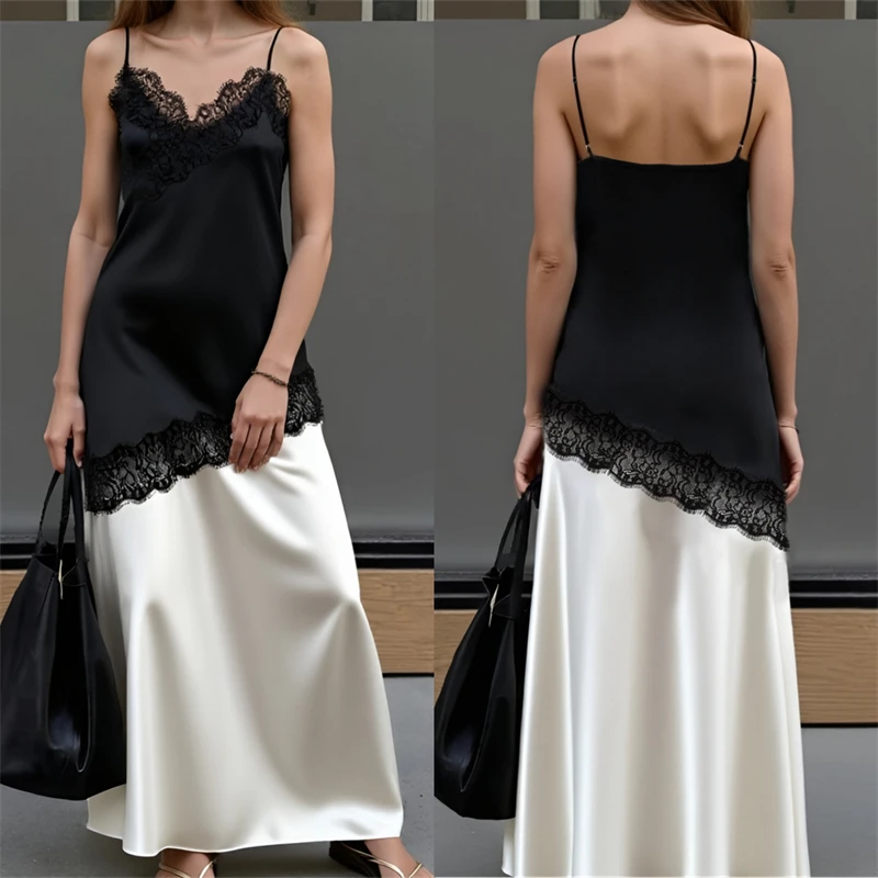 Frauen Spitze Asymmetrische Trim Cami Tank Crop Tops Seide Satin Extra Lange Leibchen Y2k Seidige High Low Saum Spitze Layering Slip Kleid