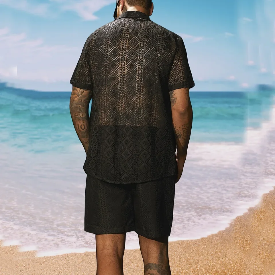 Mens Embroidered Cut-out Shirt Summer New Lace Short Sleeve Loose Casual T-shirt Shirt for Men