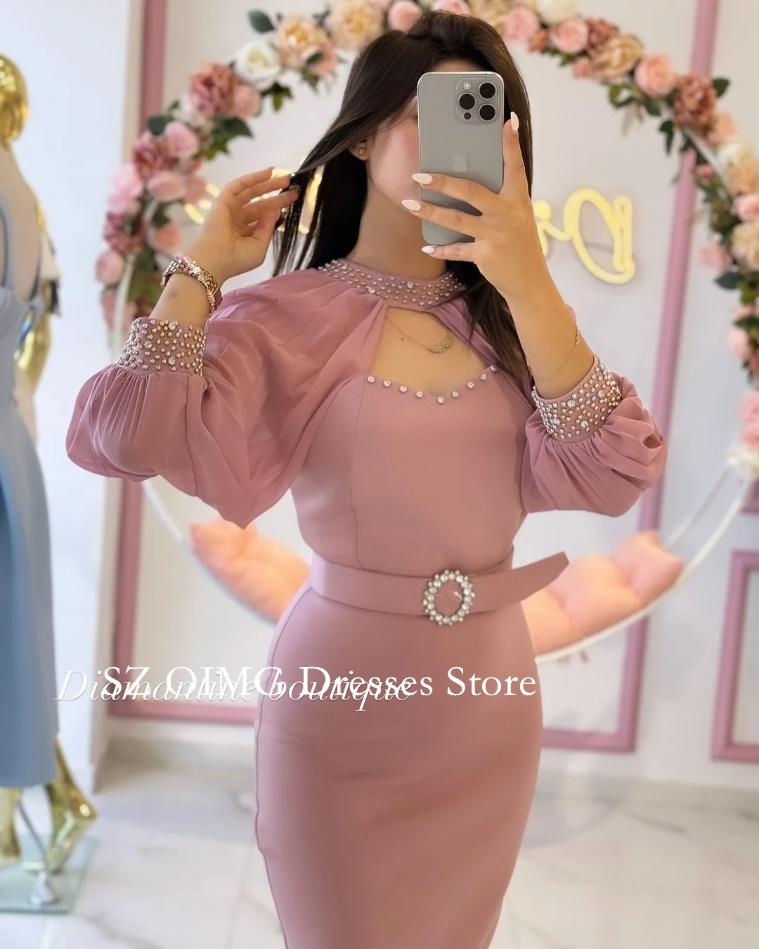 OIMG 2024 New Summer Women\'s Maxi Pink Crepe Satin Prom Dress Puff  Sleeves Fashion Celebrity High Neck Crystals Party Dress