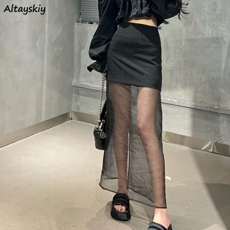 Long Skirts Women Patchwork Hotsweet A-line Sexy Club Streetwear Summer Sheer Chic Design High Waist Korean Style Faldas Largas