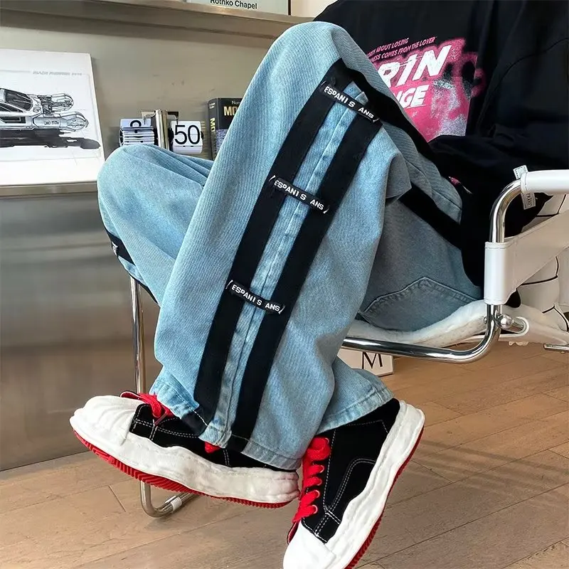 Men Skeleton Baggy Causal Jeans Pants 2024 Japanese Streetwear Wide Leg s Male Blue Vintage Denim Trousers