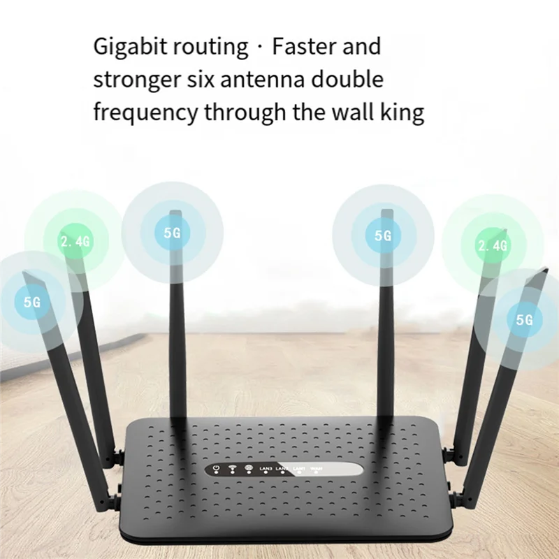 WIFI Router Gigabit Wireless Router 2.4G/5G Dual Band WiFi Router with 6 Antennas WiFi Repeater Signal Amplifier-Black