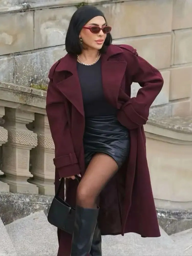 

HH Women Autumn Winter Long Round Neck Single Breasted Straight Into Pocket Belt H Type Belt Woolen Coat Leisure Long Coat