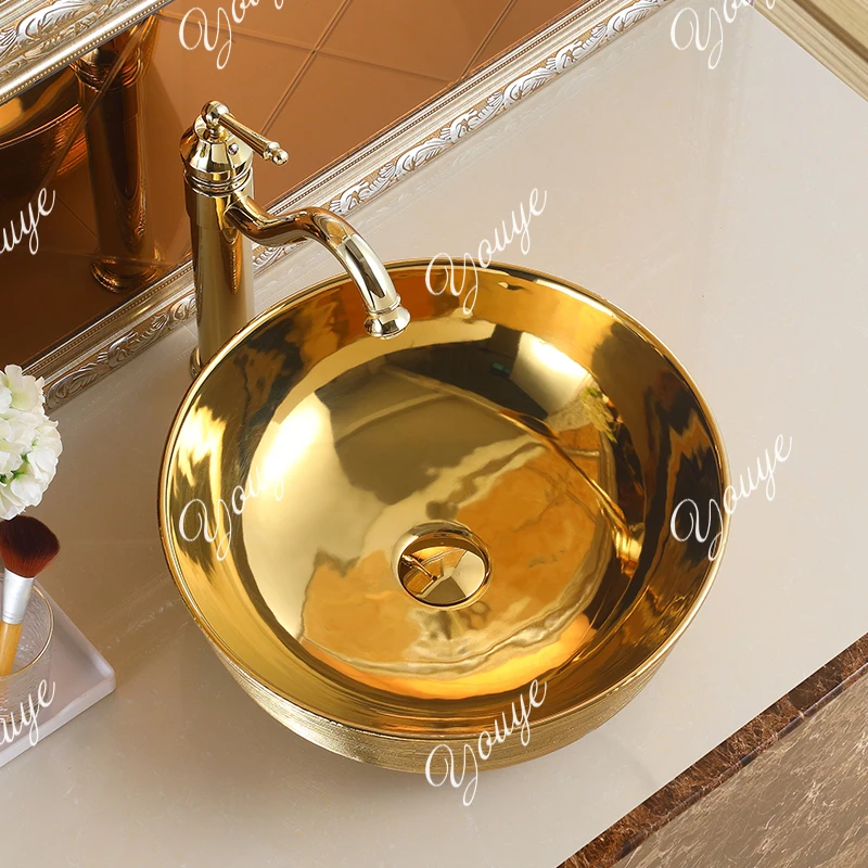 Okrągła ceramiczna umywalka w kolorze złotym, umywalka artystyczna, europejska umywalka łazienkowa, nowoczesna umywalka.