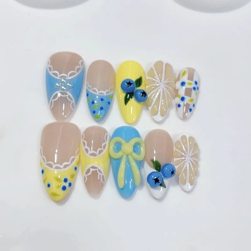 10PCS Summer Blue French Press on Nails Handmade Fresh 3D Lemon Almond False Nails Cute Fruit Yellow Bowknot Lace Fake Nails Art