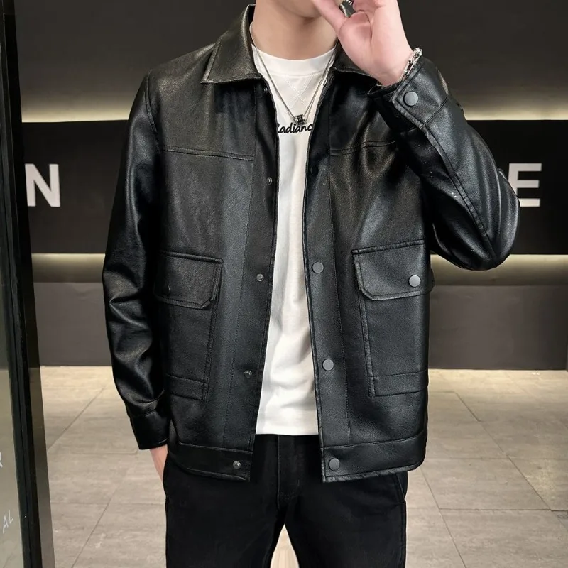 

Men's 2025 New Leather Jacket Short Sleeve Collared Biker Style Slim Fit Three Colors Casual Jacket​