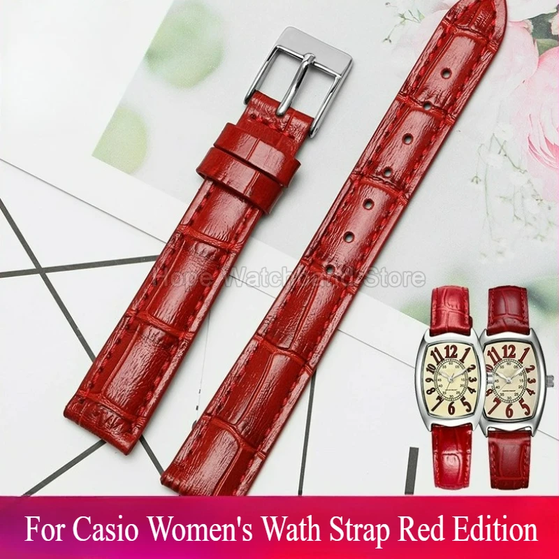Cinturino per orologio da donna in pelle di vacchetta cremisi conciata vegana per fibbia in acciaio inossidabile con interfaccia piatta Casio LTP-1208E-9B2 ​ ​   14 mm