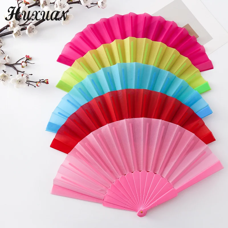 7inch Silk Cloth Plain Folding Fan Plastic Bone Fan Chinese Dance Fan Solid Color Taichi Morning Exercise DIY Home Ornaments