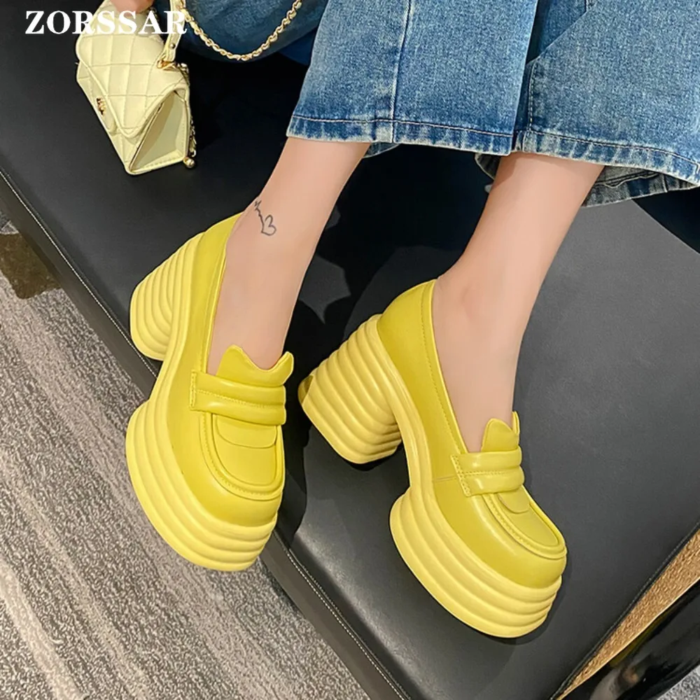 2024 Women Pumps Shoes Platform Casual Uniform High Heel Leather Loafers College Mary Jane Solid Color Pink Yellow Student Shoes