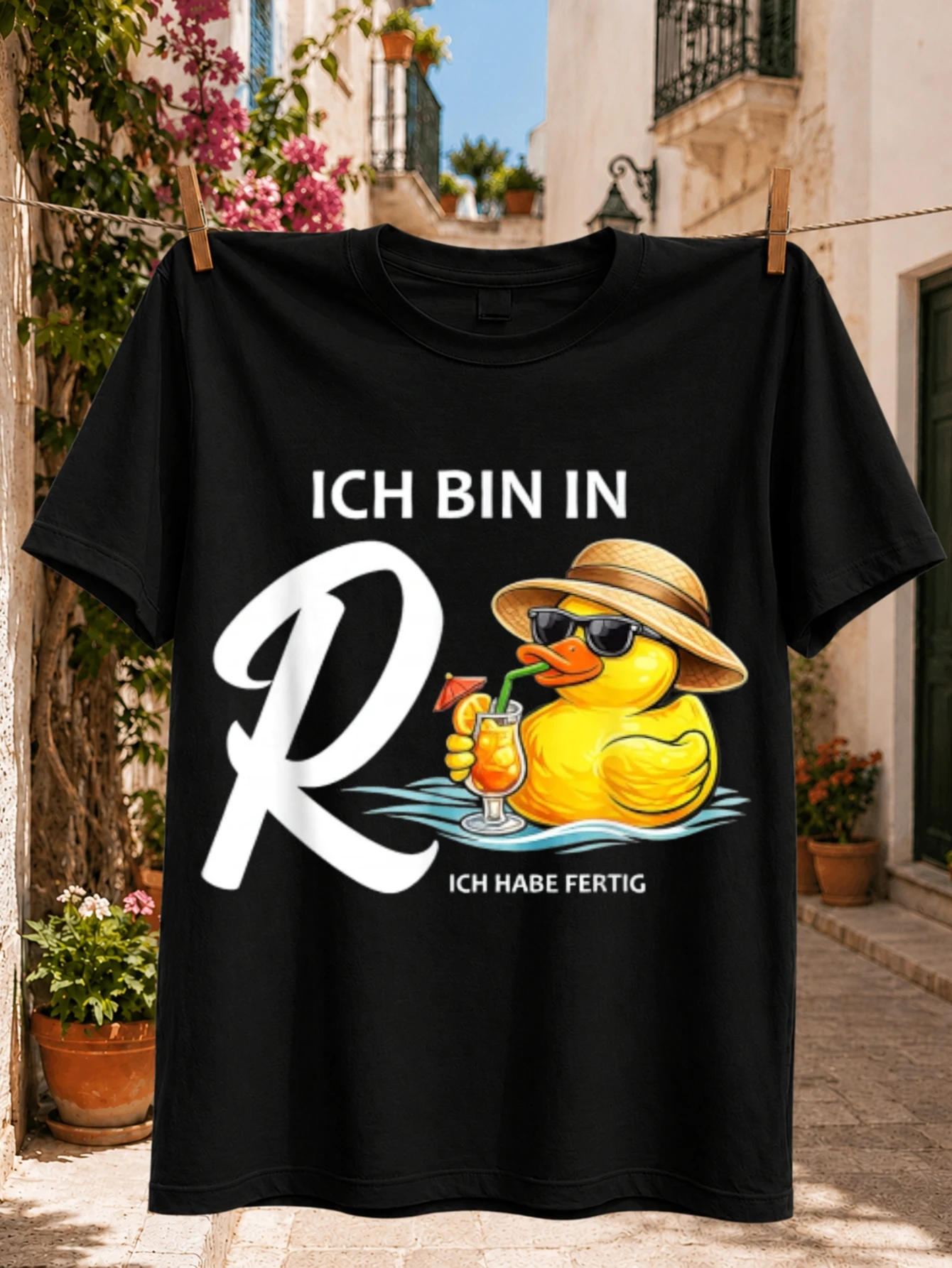 I Am on Vacation I Am Done Graphic yellow rubber duck in holding a tropical drink with sunny  Unisex All T-Shirt