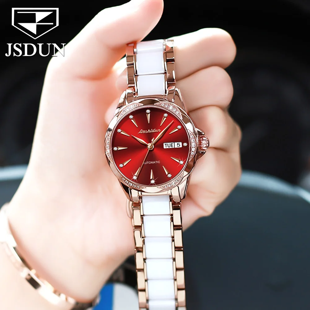 

JSDUN Top Brand Fashion Women Quartz Wristwatch Ruby Dial White Ceramic Strap Colck 3Bar Waterproof Elegant Ladies Gift Reloj