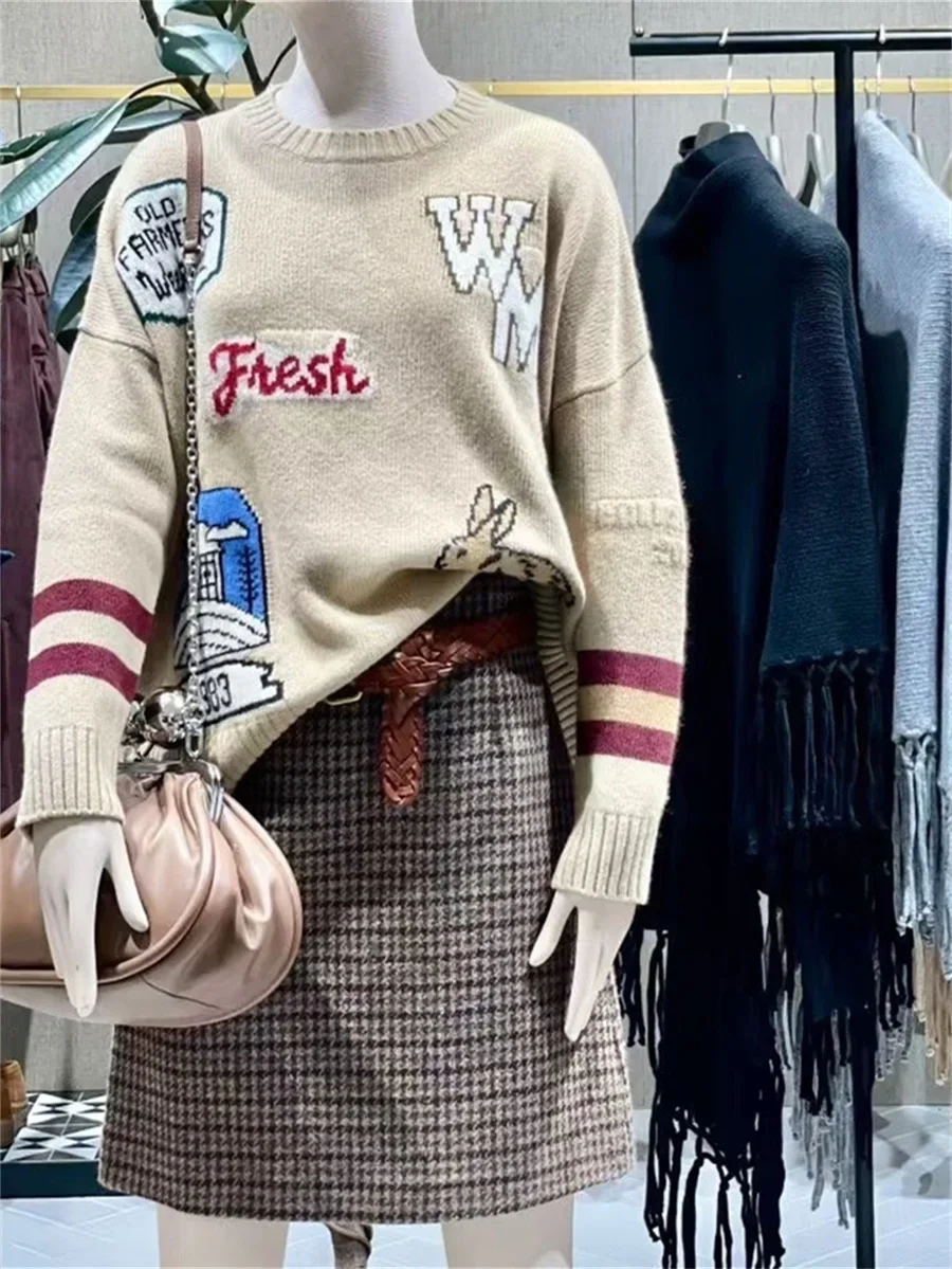 الكرتون الحيوان رسالة الجاكار المرأة 100% الصوف متماسكة سترة 2025 خريف شتاء سيدة طويلة الأكمام Vintage البلوز #1