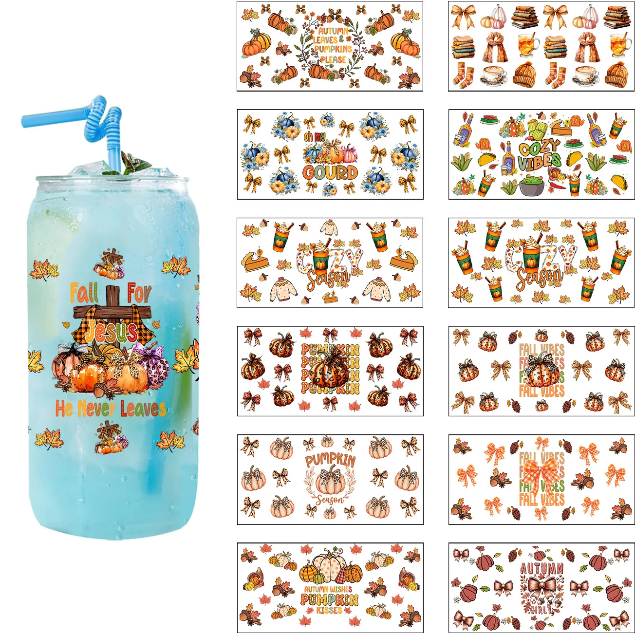 New Arrival Cozy Autumn Vibes Design UV DTF Wrap Transfer Stickers UV DTF Wrap For 16oz Cups Fall Pattern DIY Decal 3D Stickers