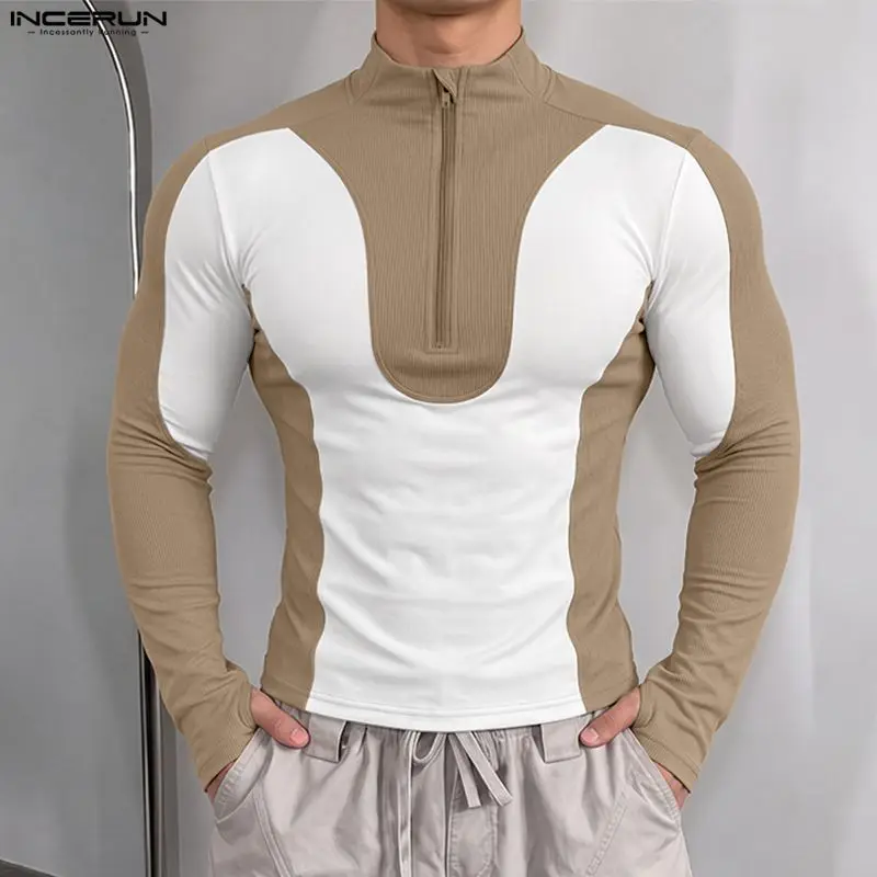 INCERUN Men's T Shirt Patchwork Zipper Long Sleeve Color-block Casual Tee Tops For Man Streetwear Fashion Men Clothes Camisetas
