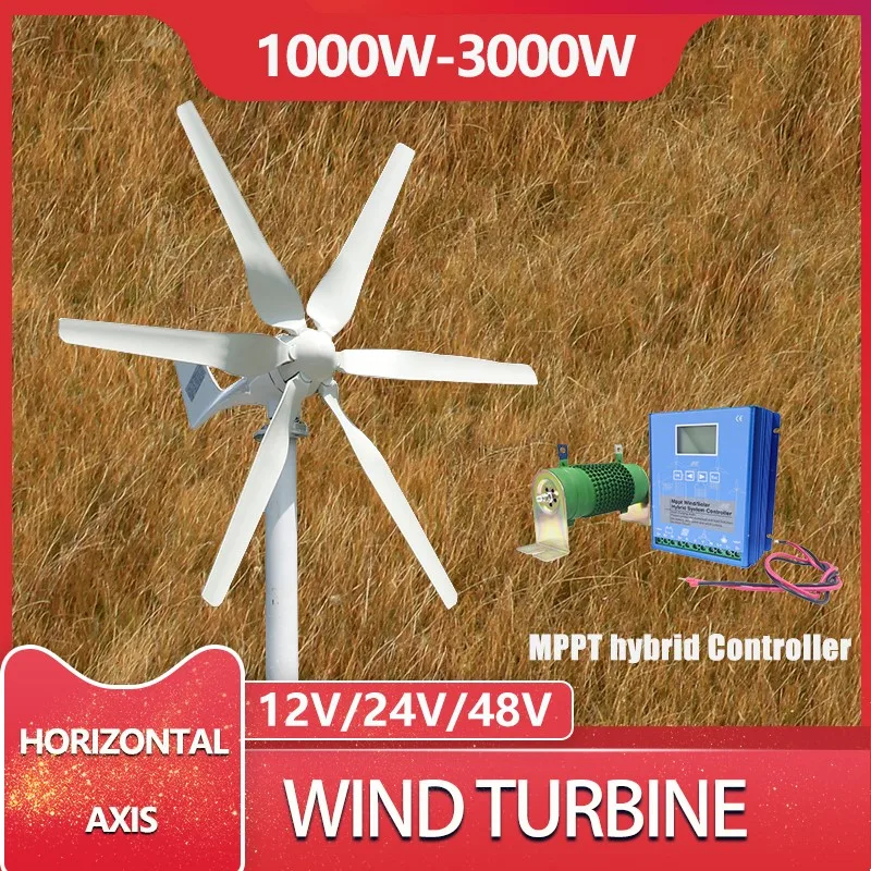 

Wind Turbine Energy Sources Electric Power Generator 24V 48V 12V 3000W 6 Blades Permanent Maglev Generator With Mppt Controller