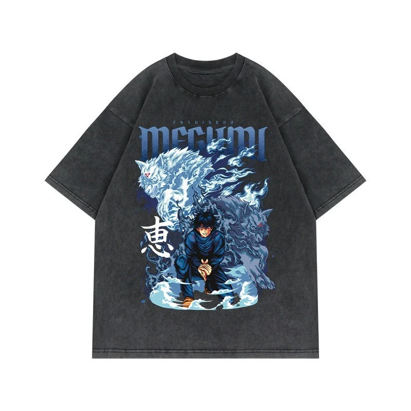 2026 Jujutsu Kaisen Megumi Fushiguro Divine Dogs Printed T-shirt Men's and Women's Washed T-shirt High Quality Vintage T-shirt