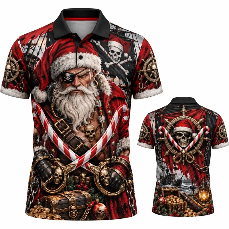 Mens Santa Treasure Christmas Polo Shirt Short Sleeve Old Map Compass 3D Xmas Casual Polo Top For Men Fun Party Christmas Polos