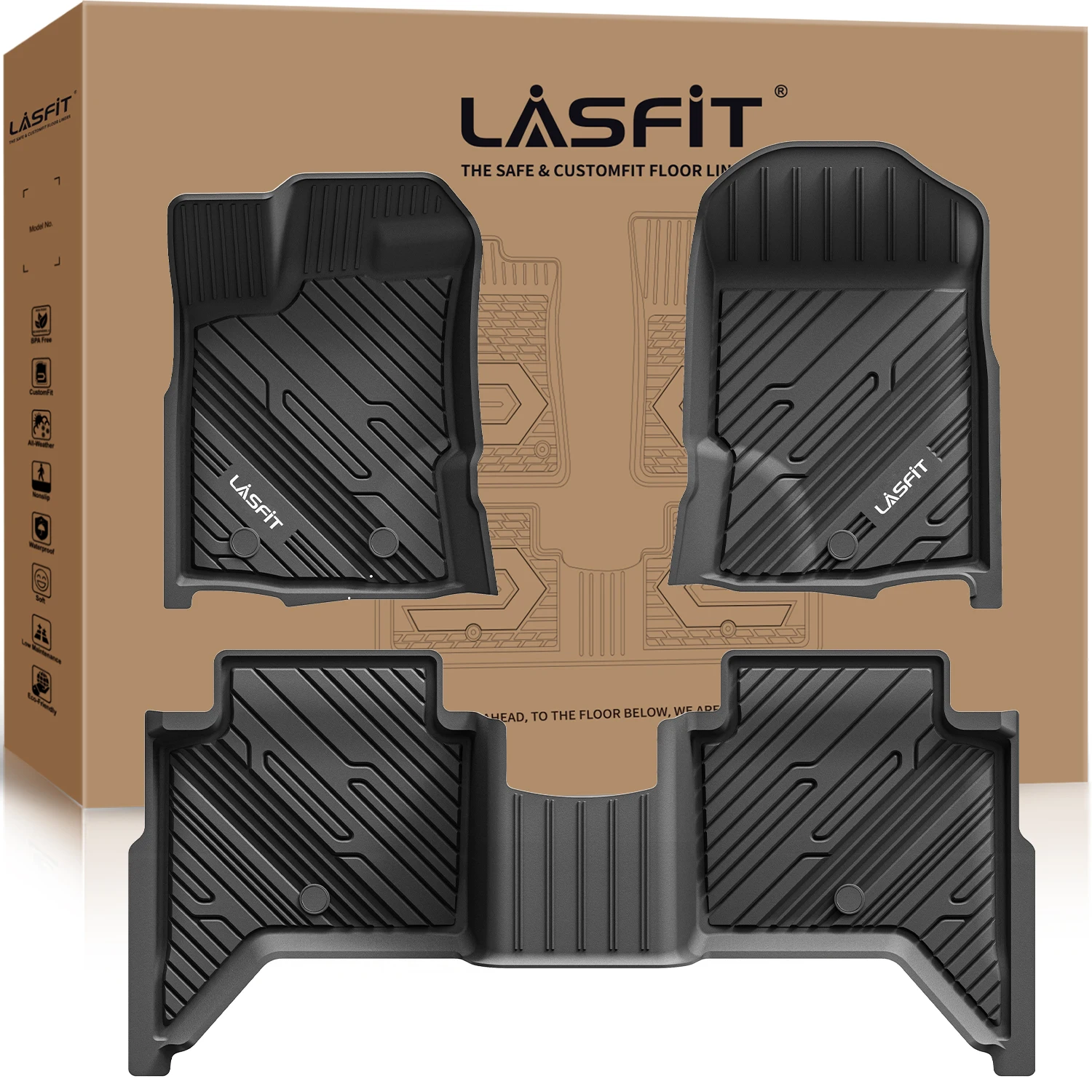 LASFIT Floor Mats Fit For Ford Ranger 2020-2023 ( Super Crew ) Front and Rear Row TPE Material Custom All Weather Floor Liners