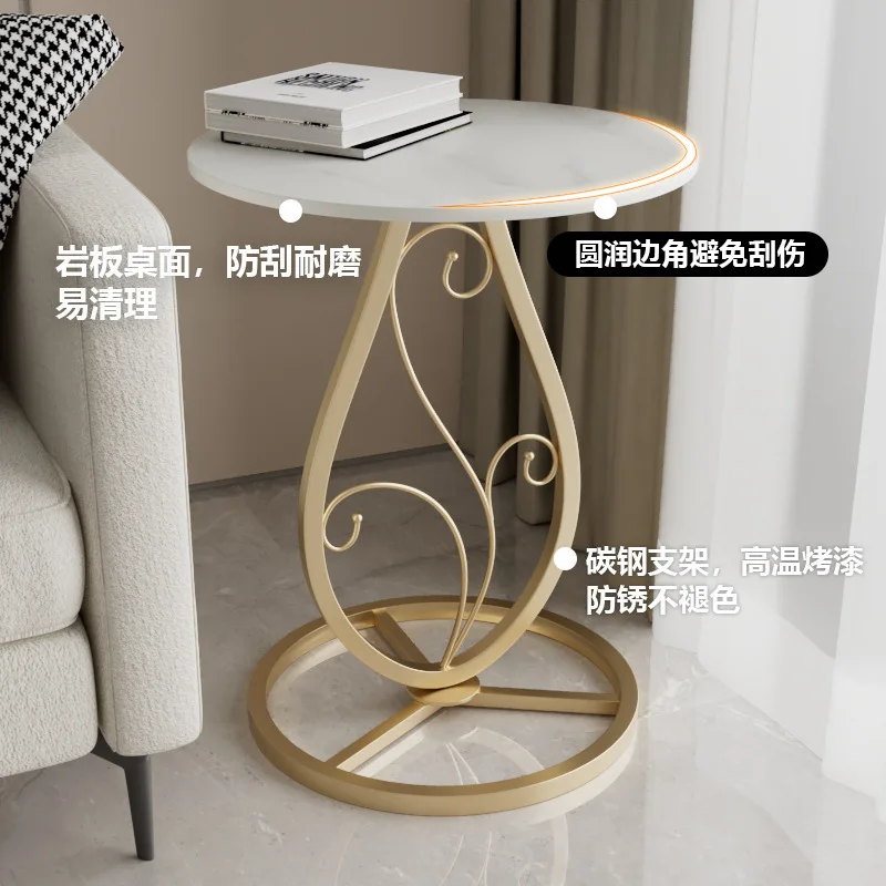 Creative Small Apartment Stone Plate Metal Circle Coffee Table Modern Minimalist Iron Corner Table Living Room Bedroom Bedside