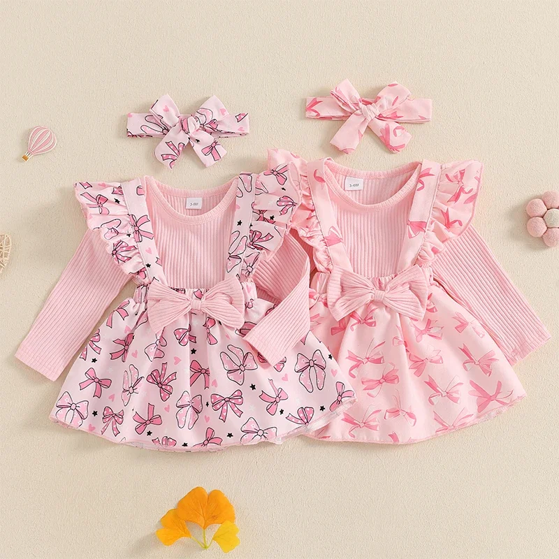 

Christmas Newborn Baby Girls Casual Rompers Clothes Bowknot Print Ribbed Ruffles Long Sleeve Bowknot Jumpsuits Skirts Headband