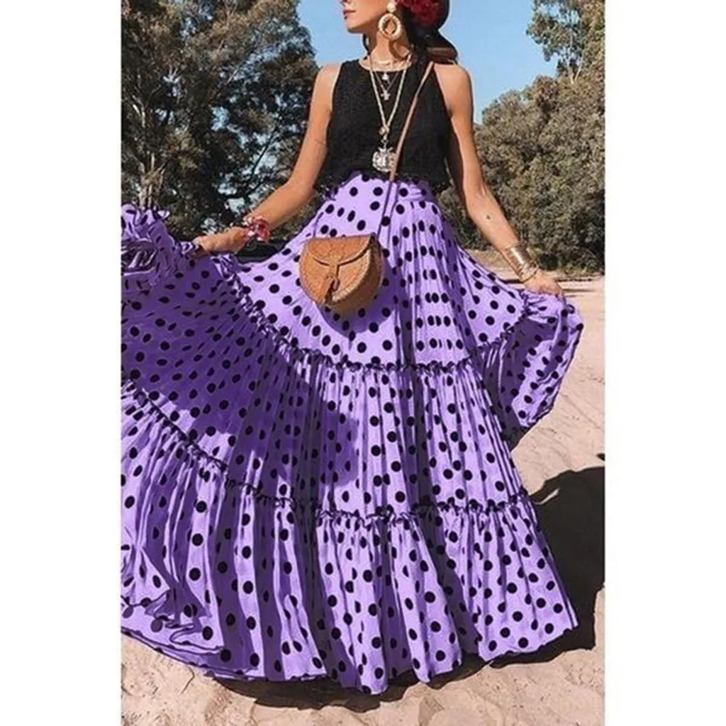 Rok wanita elegan motif Polka Dot, rok Maxi panjang pesta longgar, rok kerut kasual pinggang tinggi model Bohemian, rok motif Polka Dot, rok 2024